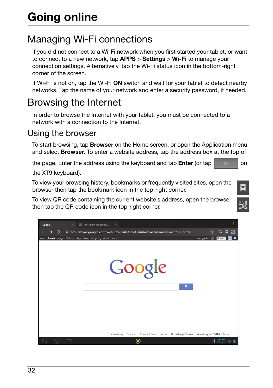 Going online, Managing wi-fi connections, Browsing the internet | Using the browser | Acer A700 User Manual | Page 32 / 66