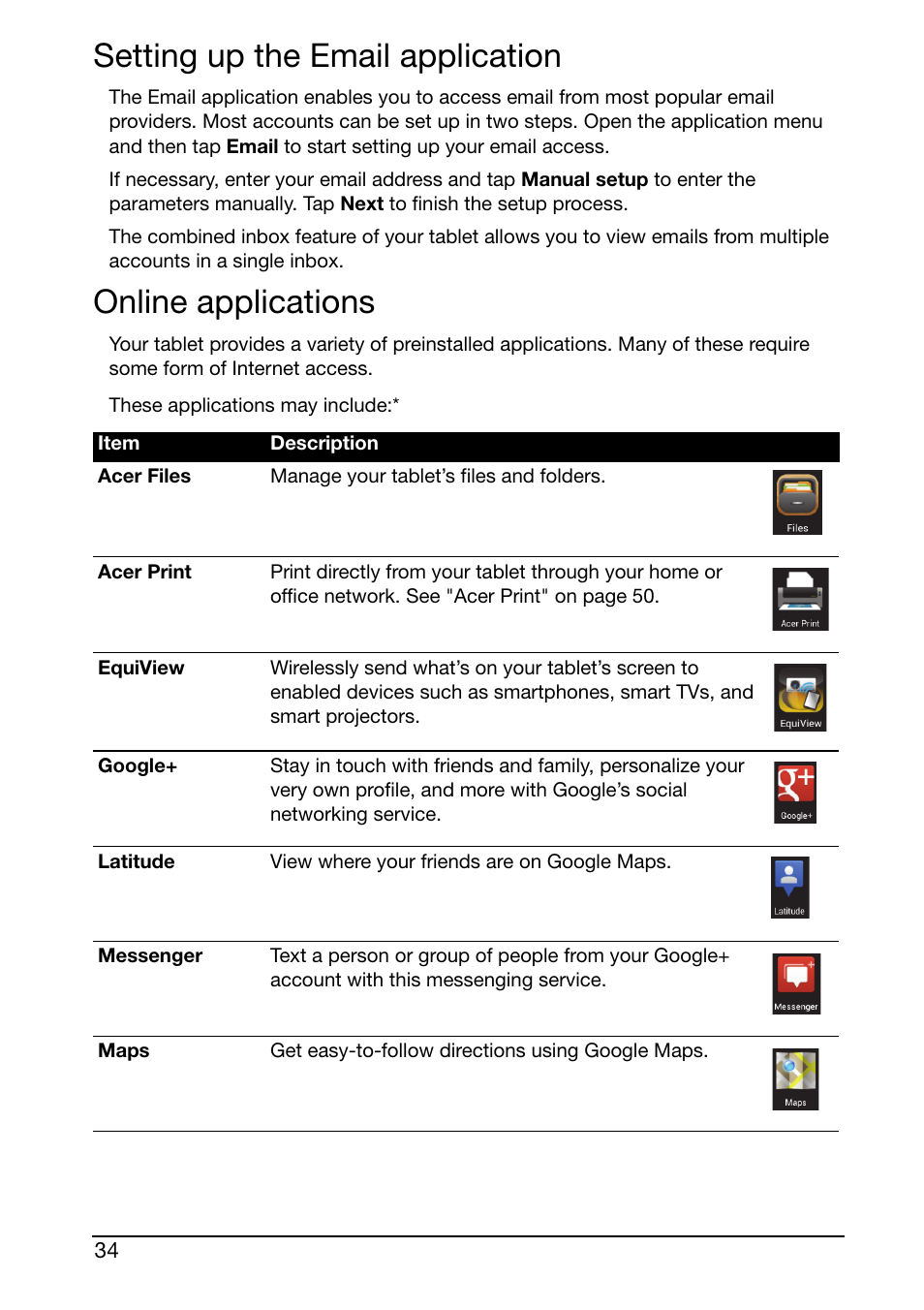 Setting up the email application, Online applications | Acer A700 User Manual | Page 34 / 66