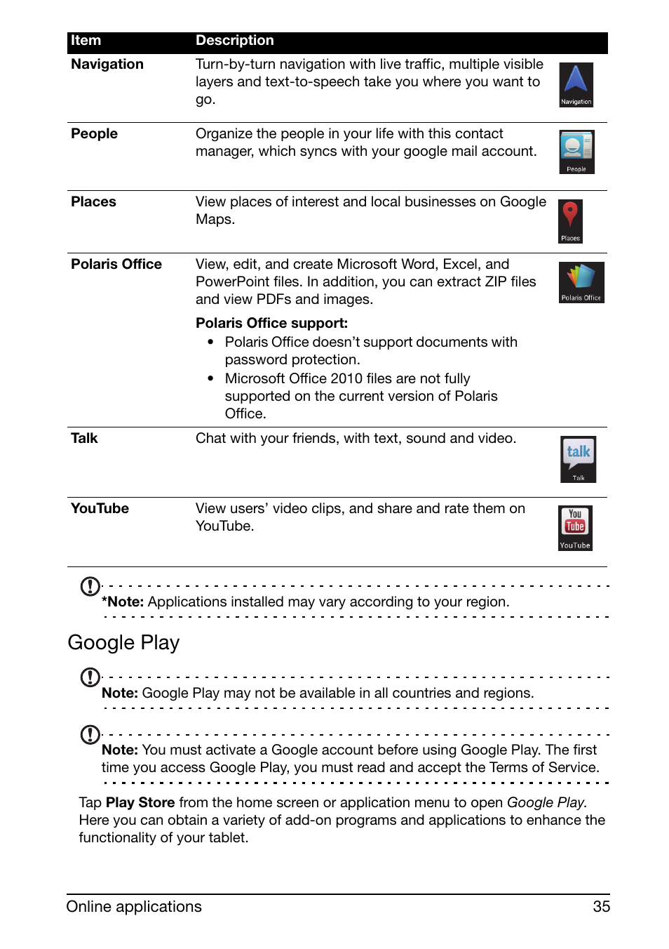 Google play | Acer A700 User Manual | Page 35 / 66