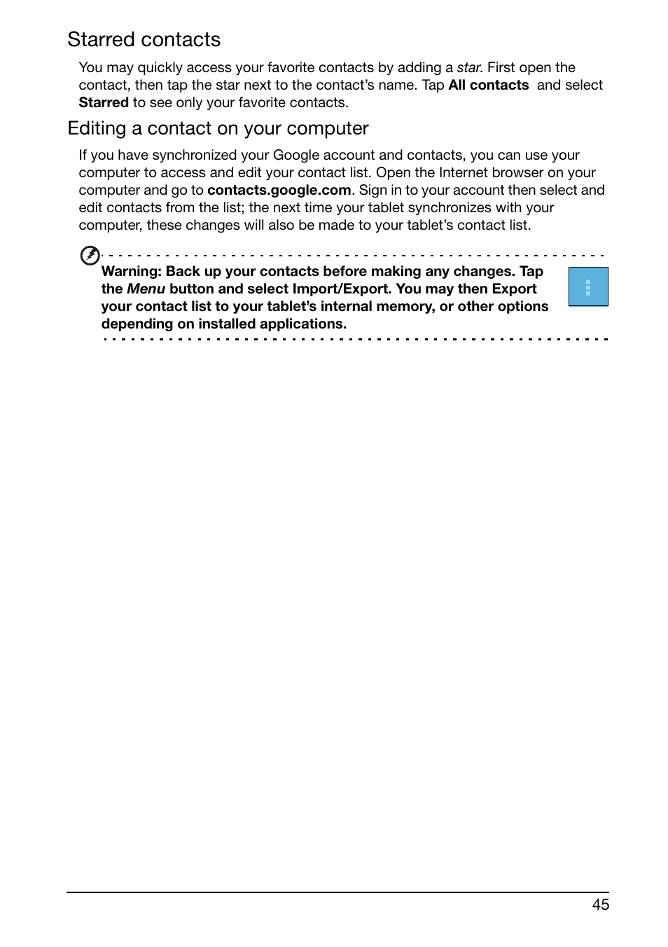 Starred contacts, Editing a contact on your computer | Acer A700 User Manual | Page 45 / 66