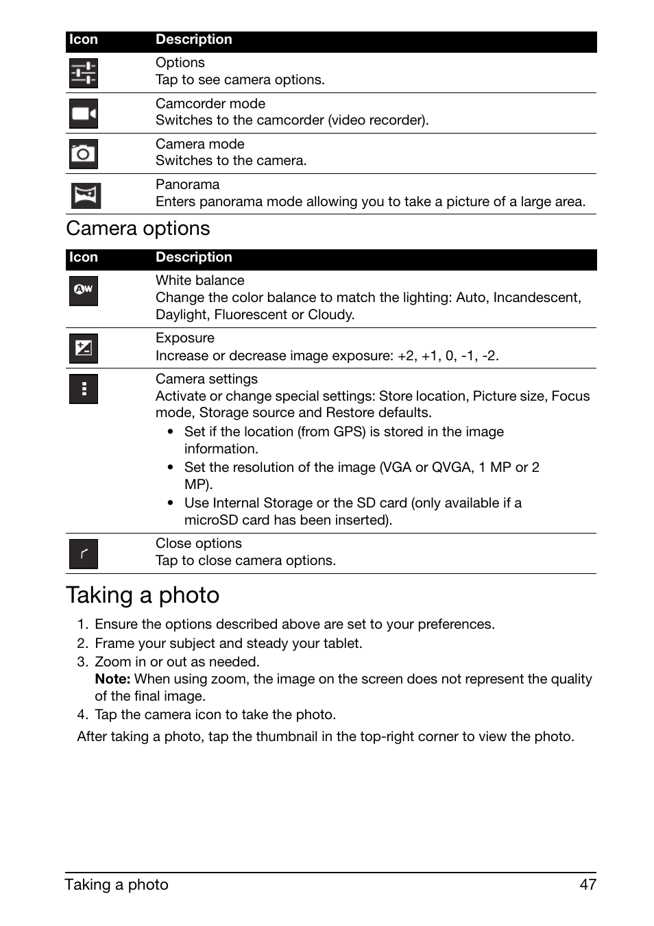 Camera options, Taking a photo, Camcorder icons and indicators | Acer A700 User Manual | Page 47 / 66