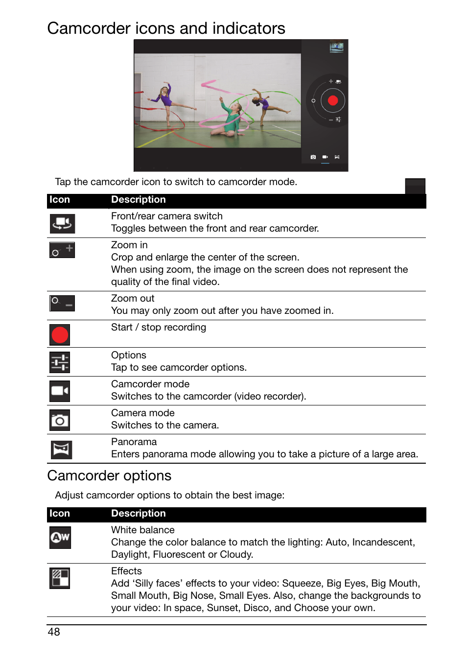 Camcorder icons and indicators, Camcorder options, Shooting a video | Acer A700 User Manual | Page 48 / 66