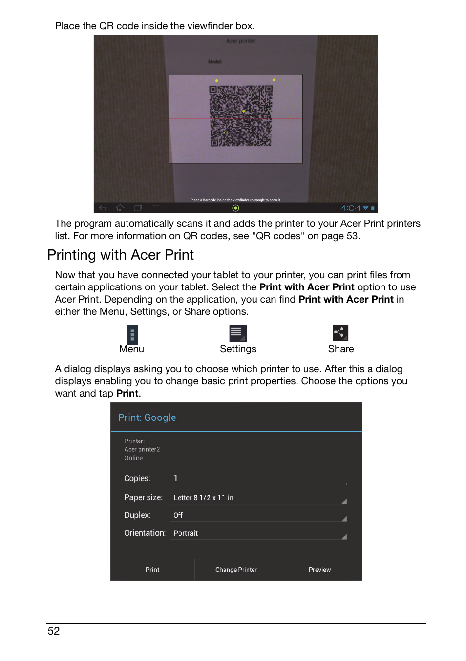 Printing with acer print | Acer A700 User Manual | Page 52 / 66