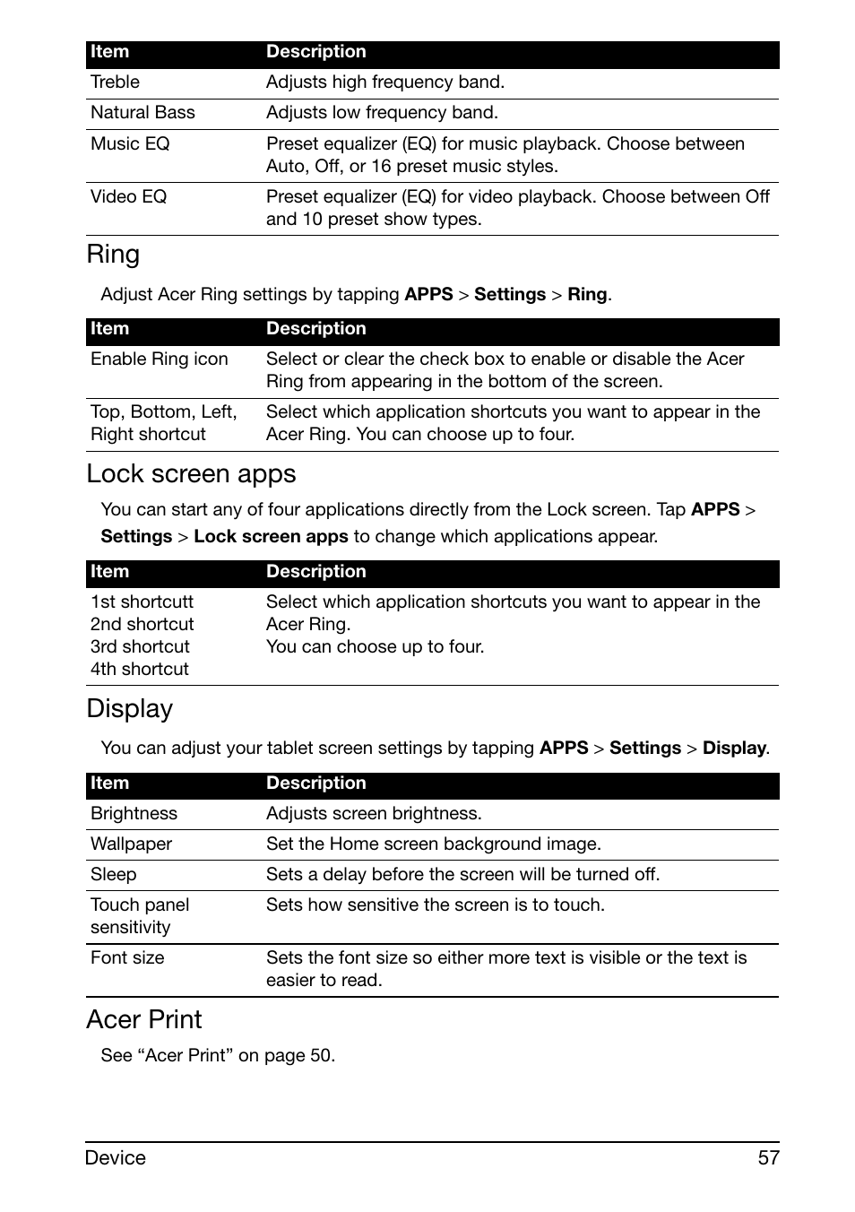 Ring, Lock screen apps, Display | Acer print | Acer A700 User Manual | Page 57 / 66