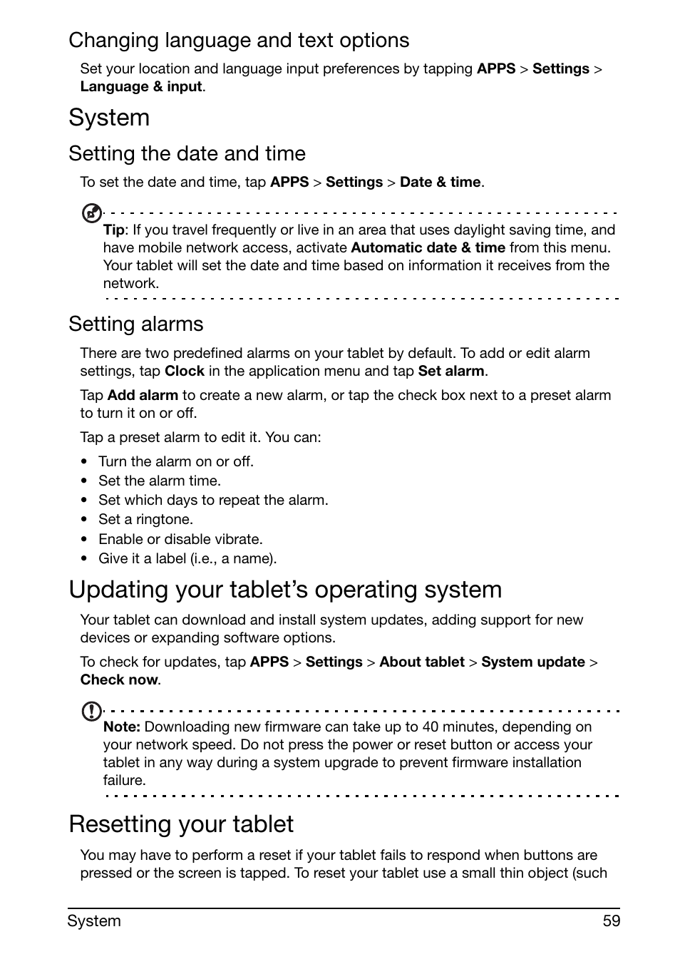 Changing language and text options, System, Setting the date and time | Setting alarms, Updating your tablet’s operating system, Resetting your tablet, Faq and troubleshooting | Acer A700 User Manual | Page 59 / 66