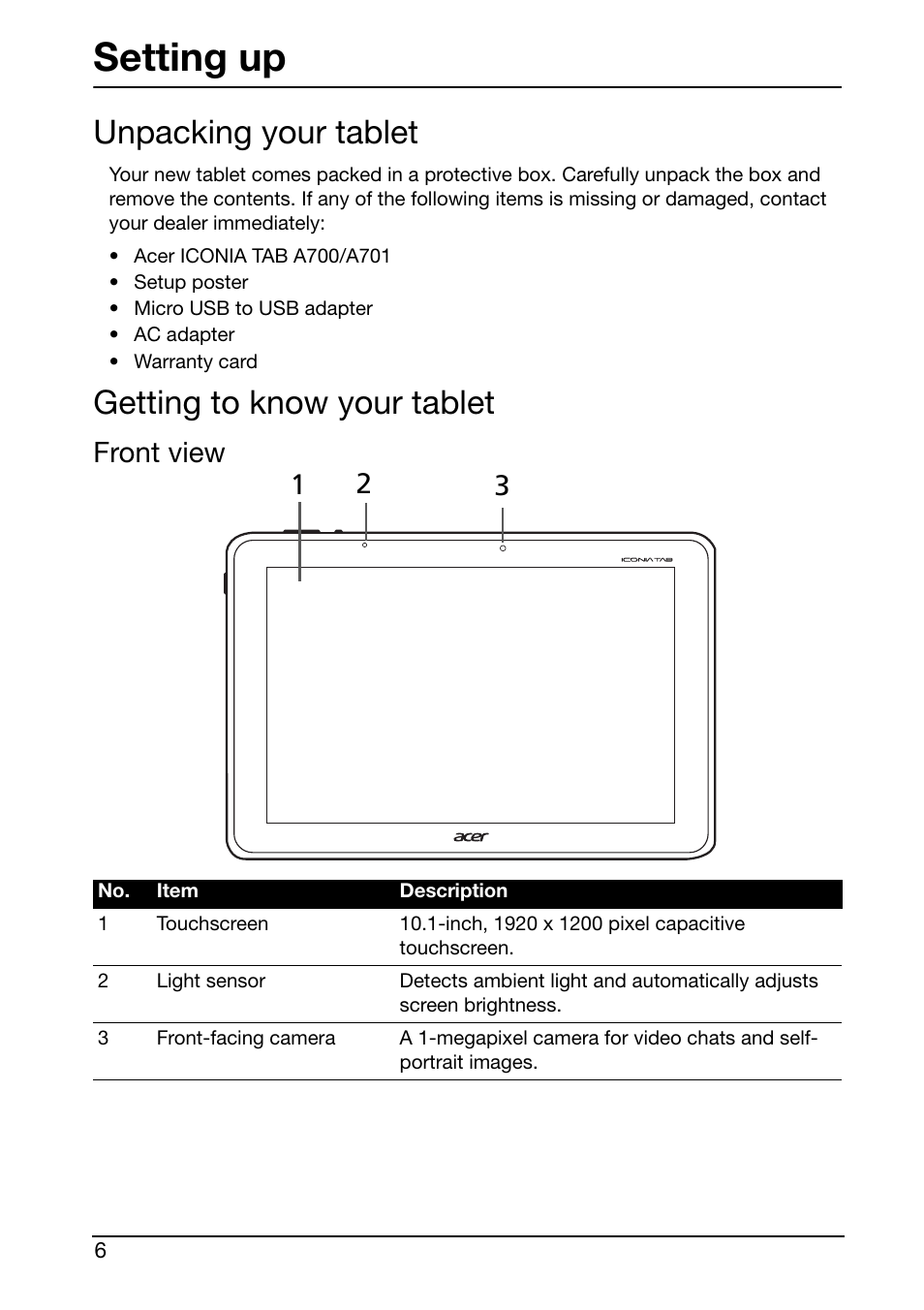 Setting up, Unpacking your tablet, Getting to know your tablet | Front view, Front 1 3 2 view | Acer A700 User Manual | Page 6 / 66