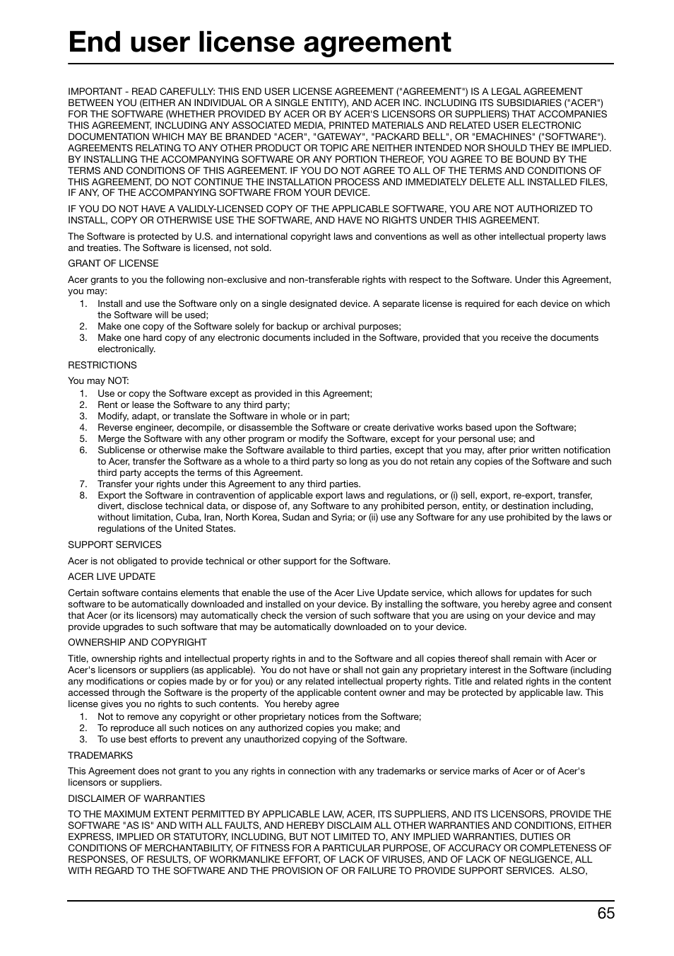 End user license agreement | Acer A700 User Manual | Page 65 / 66