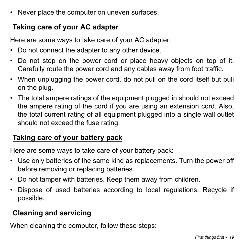 Taking care of your ac adapter, Taking care of your battery pack, Cleaning and servicing | Acer Aspire E1-430P User Manual | Page 19 / 103