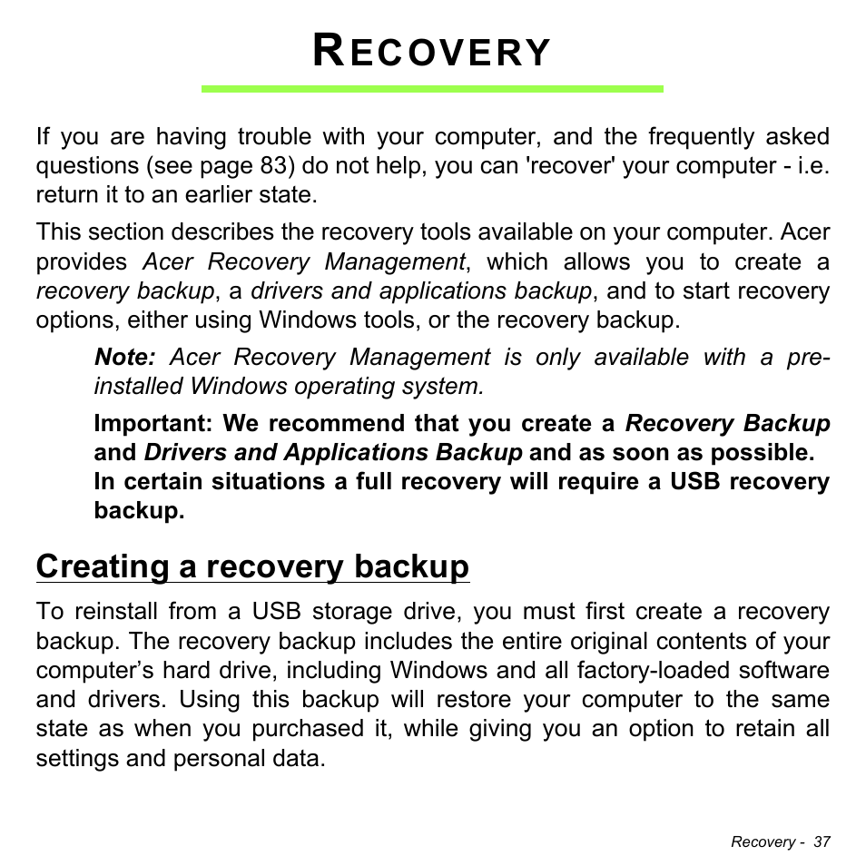 Recovery, Creating a recovery backup, Ecovery | Acer Aspire E1-430P User Manual | Page 37 / 103