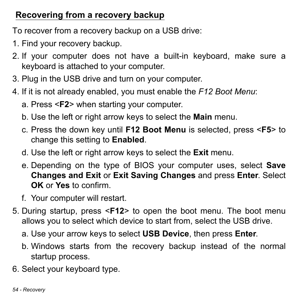 Recovering from a recovery backup | Acer Aspire E1-430P User Manual | Page 54 / 103