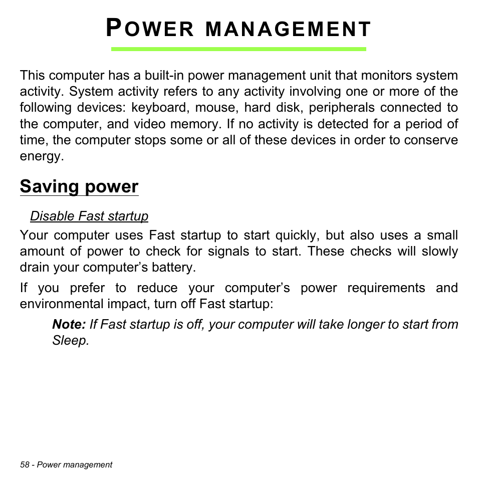 Power management, Saving power, Ower | Management | Acer Aspire E1-430P User Manual | Page 58 / 103