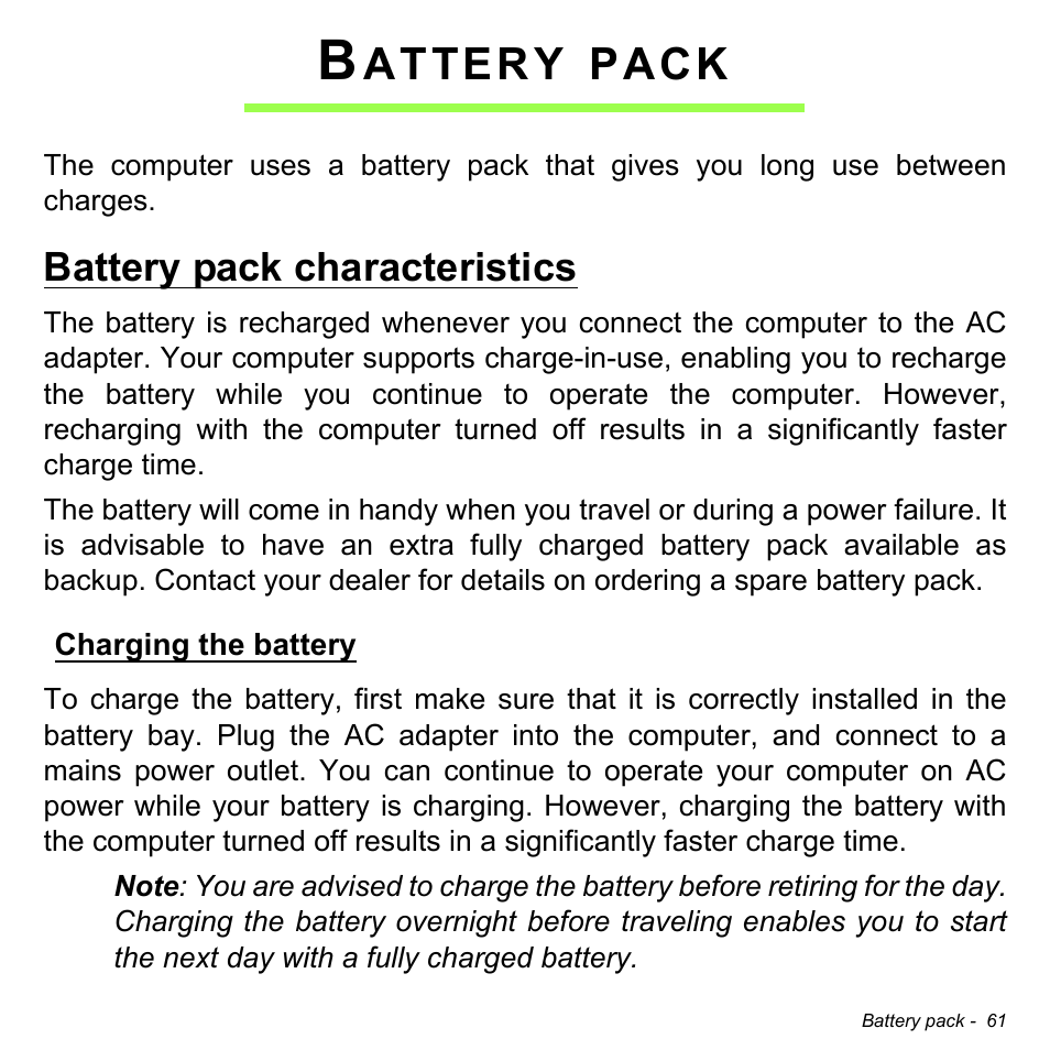 Battery pack, Battery pack characteristics, Charging the battery | Attery, Pack | Acer Aspire E1-430P User Manual | Page 61 / 103