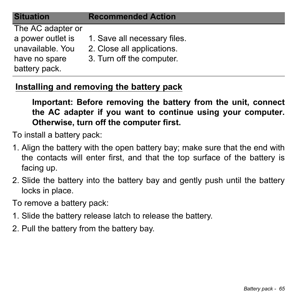 Installing and removing the battery pack | Acer Aspire E1-430P User Manual | Page 65 / 103