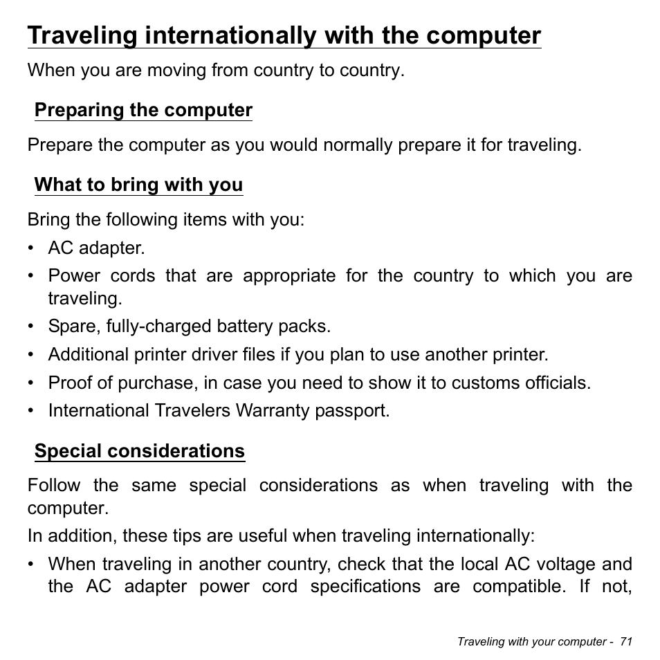 Traveling internationally with the computer, Preparing the computer, What to bring with you | Special considerations | Acer Aspire E1-430P User Manual | Page 71 / 103