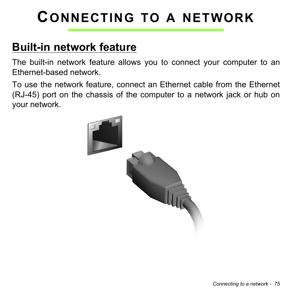 Connecting to a network, Built-in network feature | Acer Aspire E1-430P User Manual | Page 75 / 103