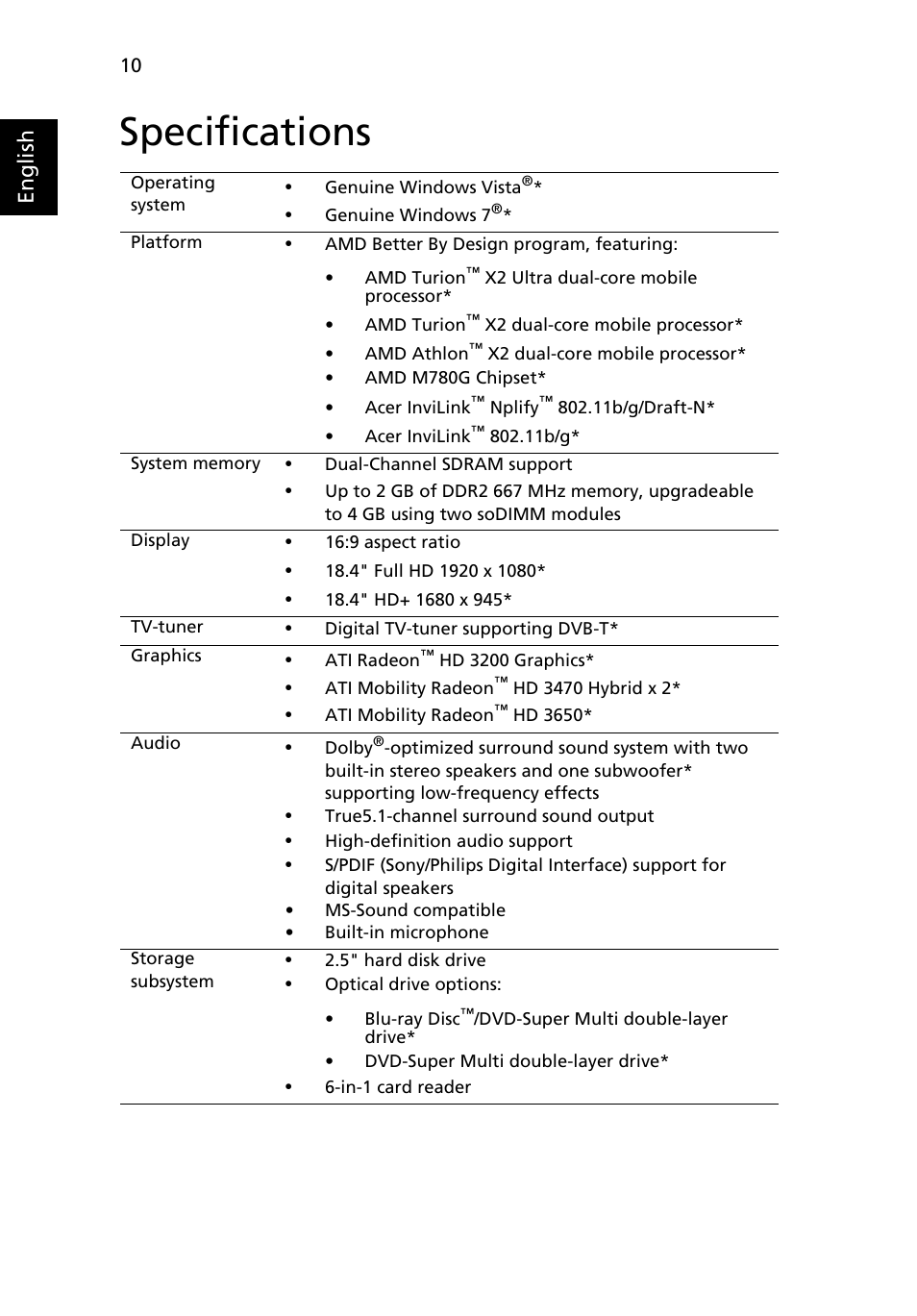 Specifications, English | Acer Aspire 8530 User Manual | Page 10 / 12
