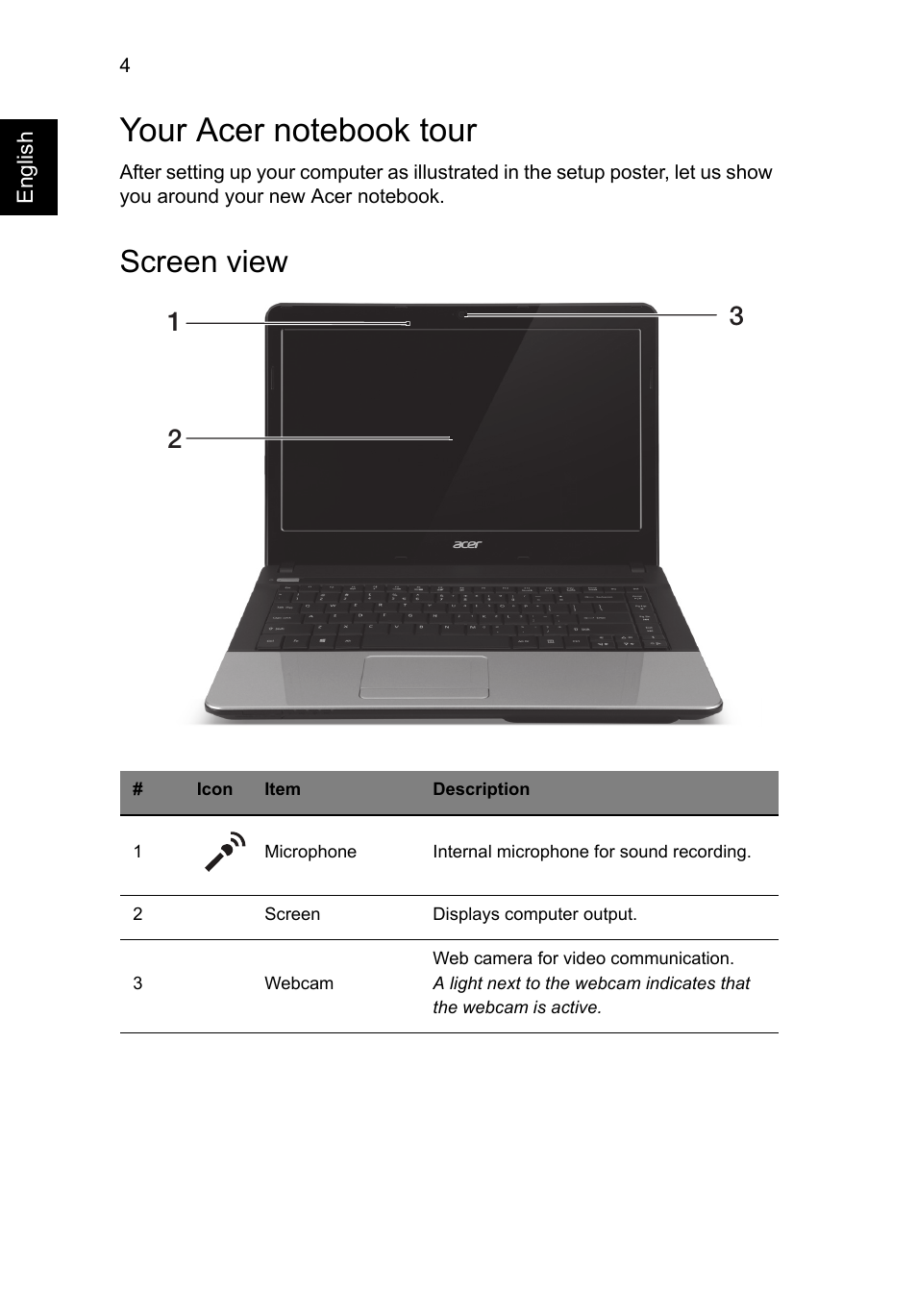 Your acer notebook tour, Screen view | Acer Aspire EC-471G User Manual | Page 4 / 11