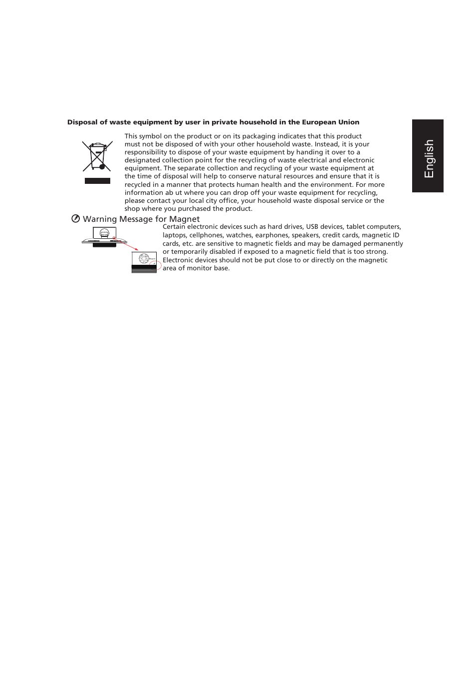 English, Warning message for magnet | Acer B276HL User Manual | Page 3 / 3