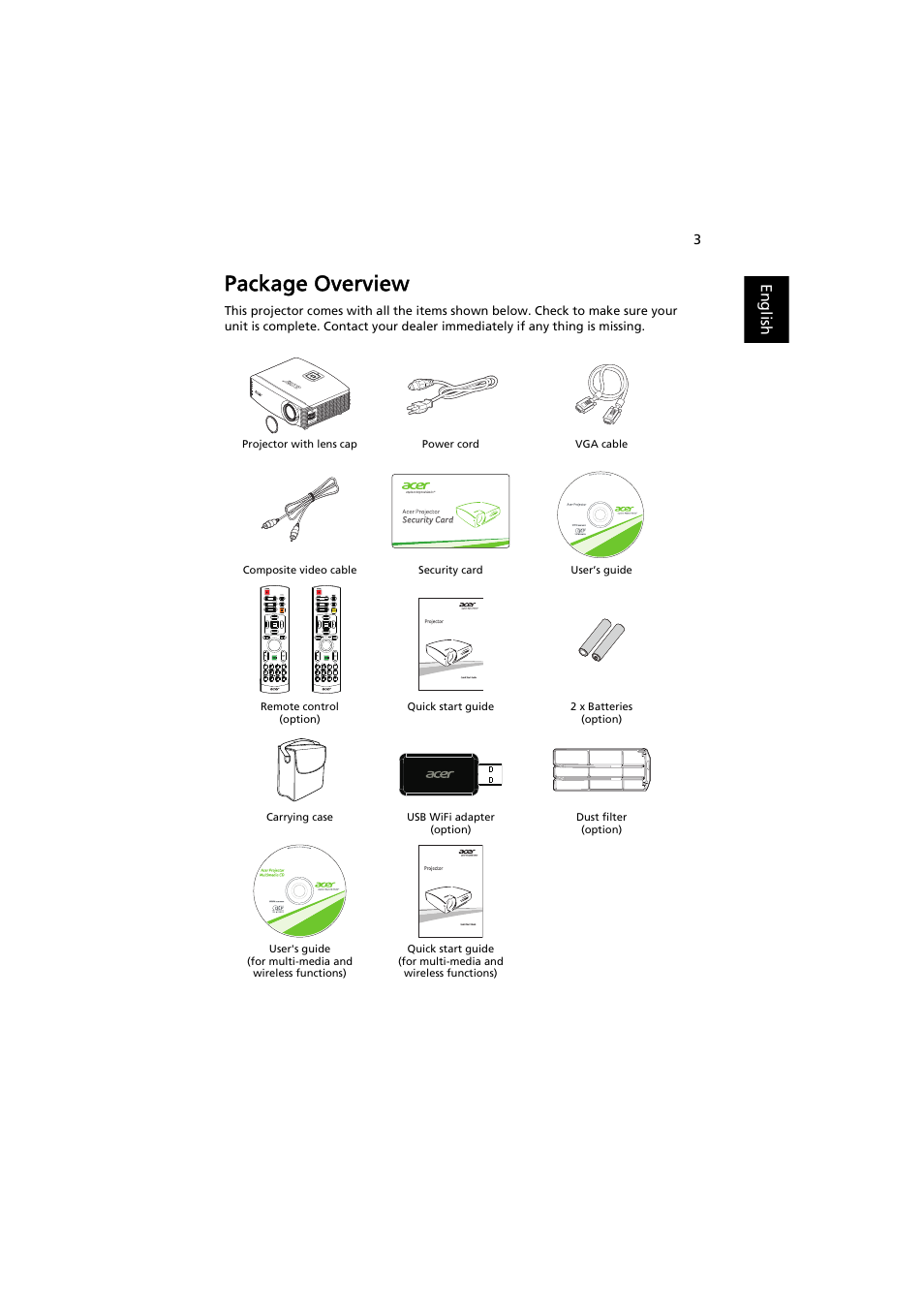 Package overview | Acer P7605 User Manual | Page 13 / 67