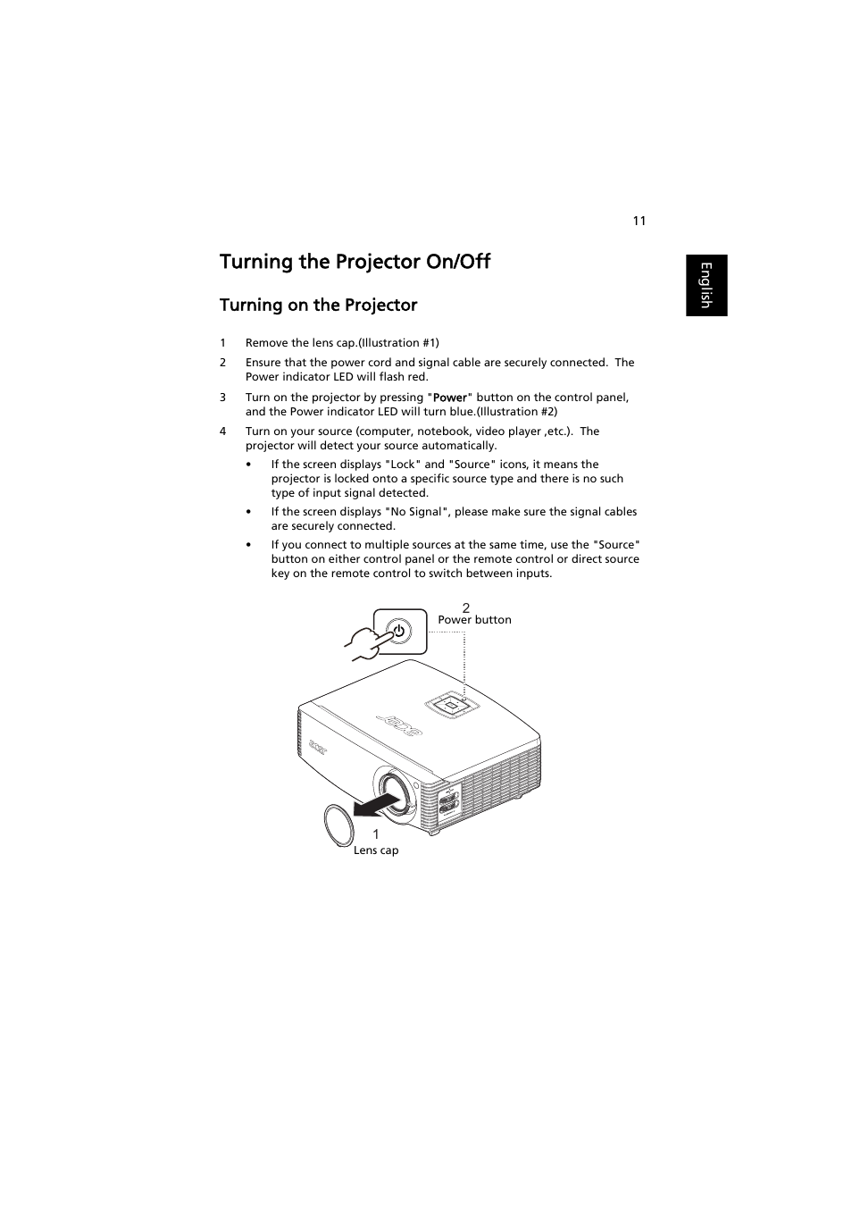 Turning the projector on/off, Turning on the projector | Acer P7605 User Manual | Page 21 / 67