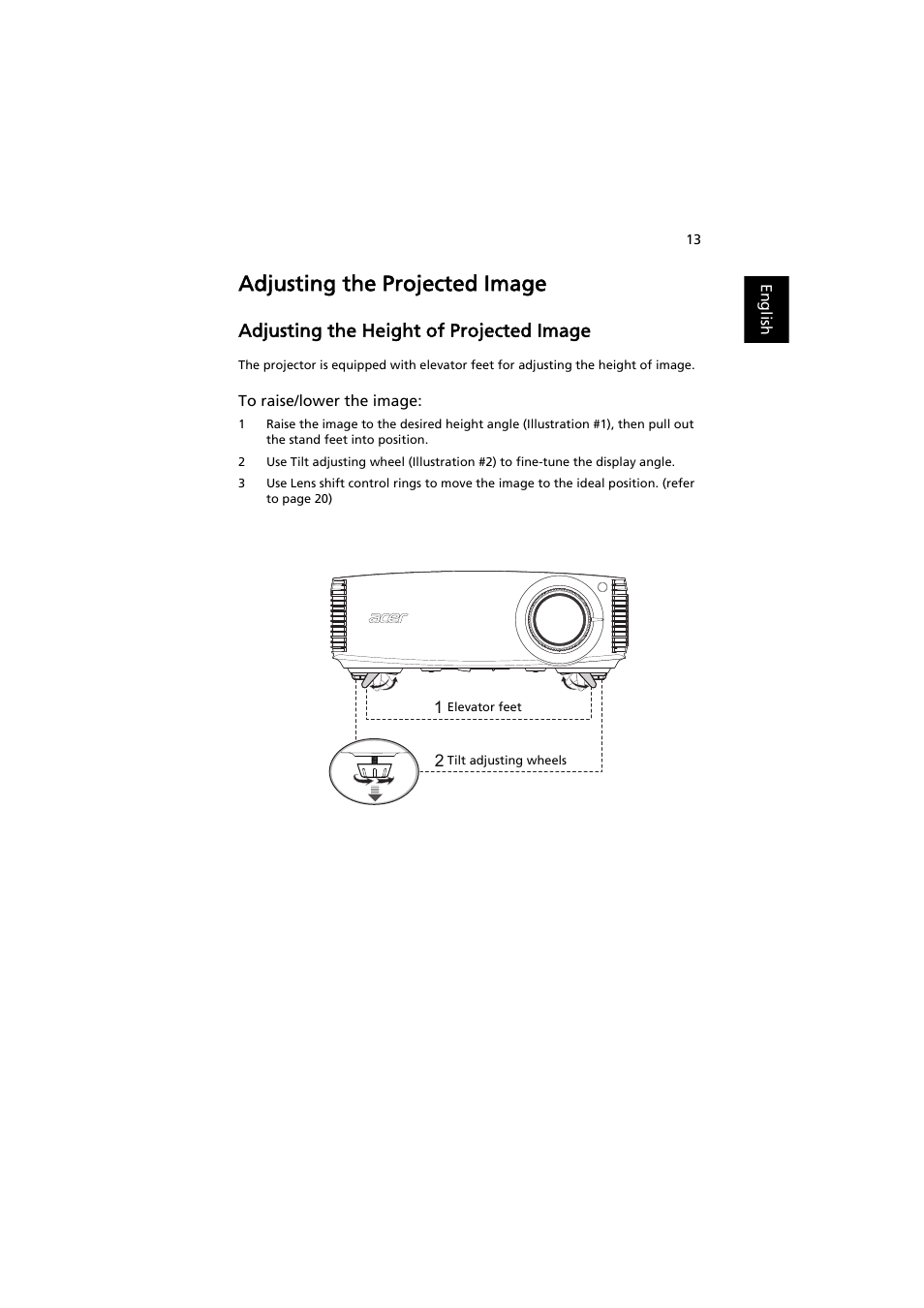 Adjusting the projected image, Adjusting the height of projected image | Acer P7605 User Manual | Page 23 / 67