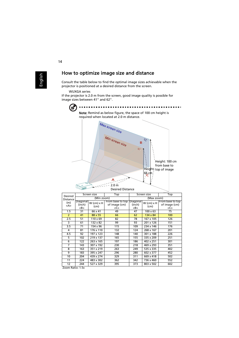 How to optimize image size and distance, En gl ish | Acer P7605 User Manual | Page 24 / 67