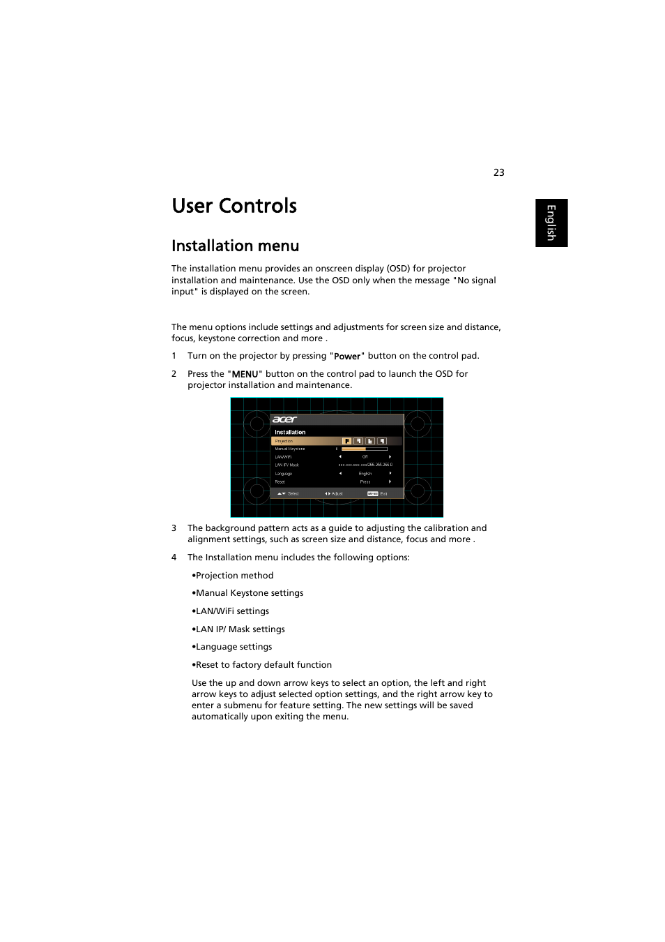 User controls, Installation menu | Acer P7605 User Manual | Page 33 / 67