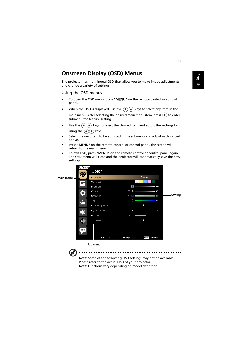 Onscreen display (osd) menus | Acer P7605 User Manual | Page 35 / 67