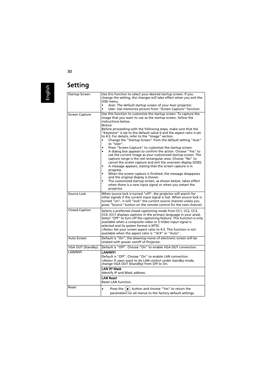 Setting, En gl ish | Acer P7605 User Manual | Page 40 / 67