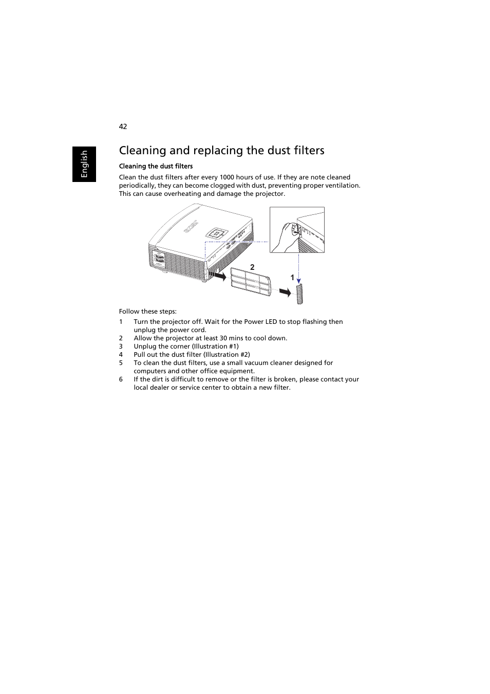 Cleaning and replacing the dust filters | Acer P7605 User Manual | Page 52 / 67