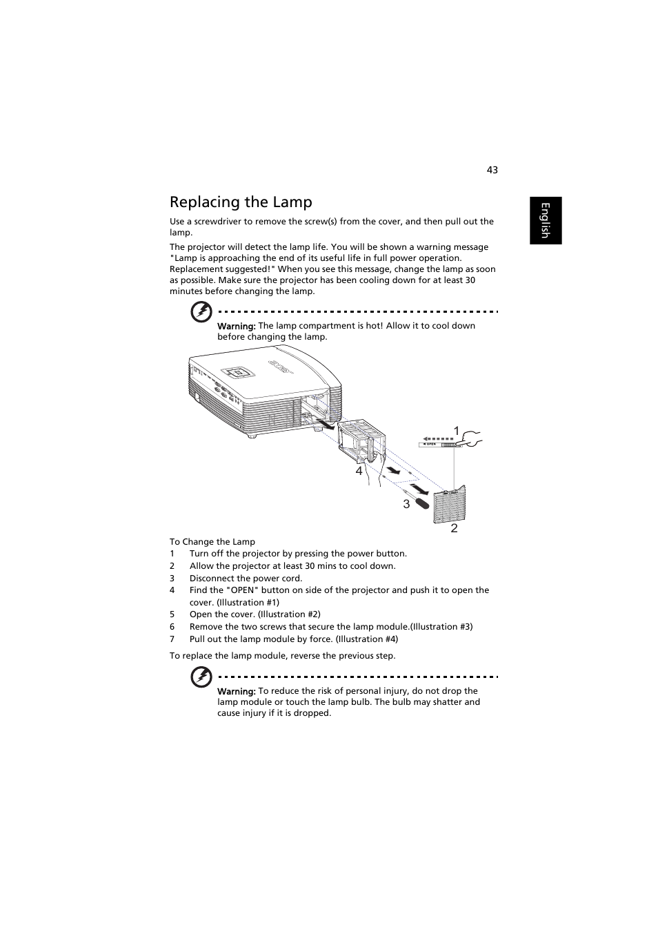 Replacing the lamp | Acer P7605 User Manual | Page 53 / 67