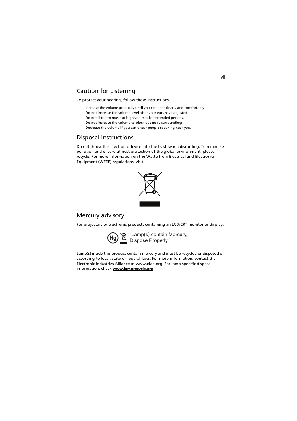 Caution for listening, Disposal instructions, Mercury advisory | Acer P7605 User Manual | Page 7 / 67