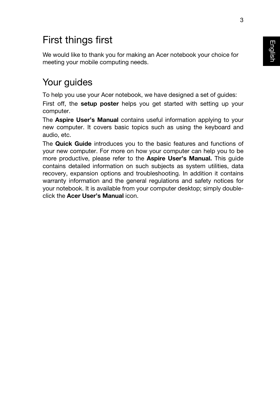First things first, Your guides | Acer Aspire 4830T User Manual | Page 3 / 11
