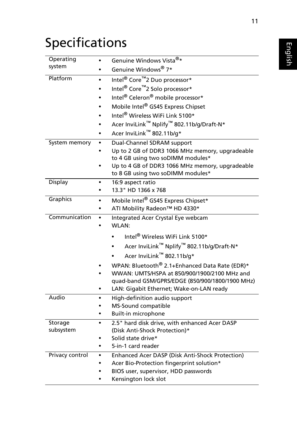 Specifications, Eng lis h | Acer TravelMate 8371 User Manual | Page 11 / 12