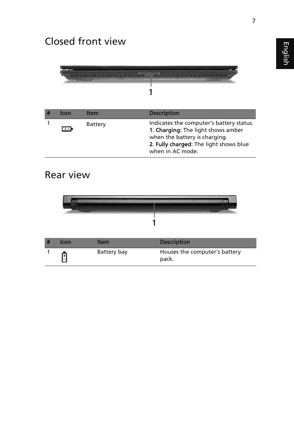 Closed front view, Rear view, Closed front view rear view | Acer TravelMate 8371 User Manual | Page 7 / 12