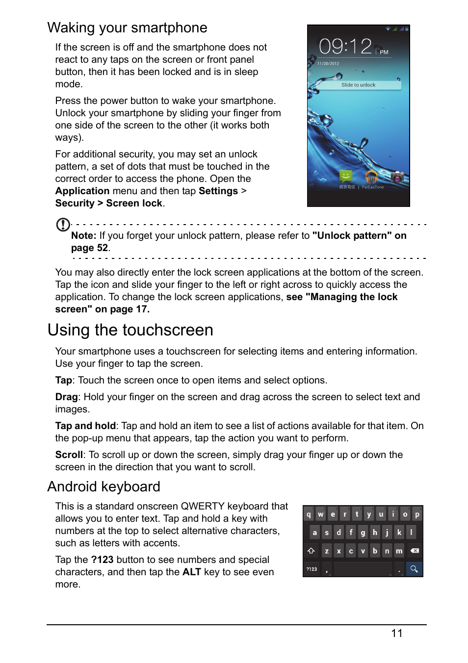 Waking your smartphone, Using the touchscreen, Android keyboard | Acer V360 User Manual | Page 11 / 71