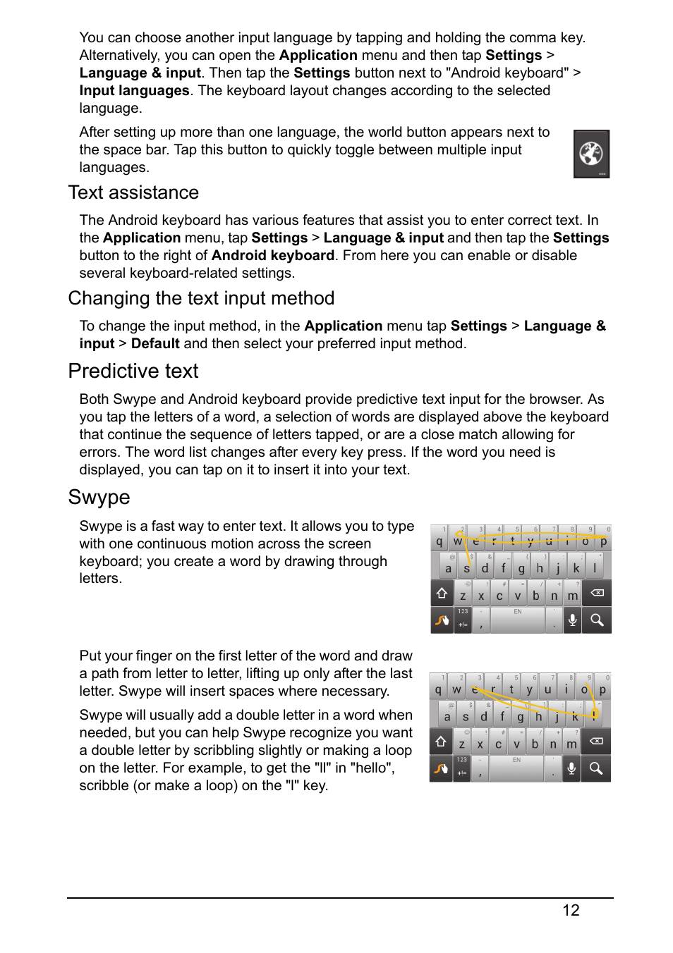 Predictive text, Swype, Text assistance | Changing the text input method | Acer V360 User Manual | Page 12 / 71