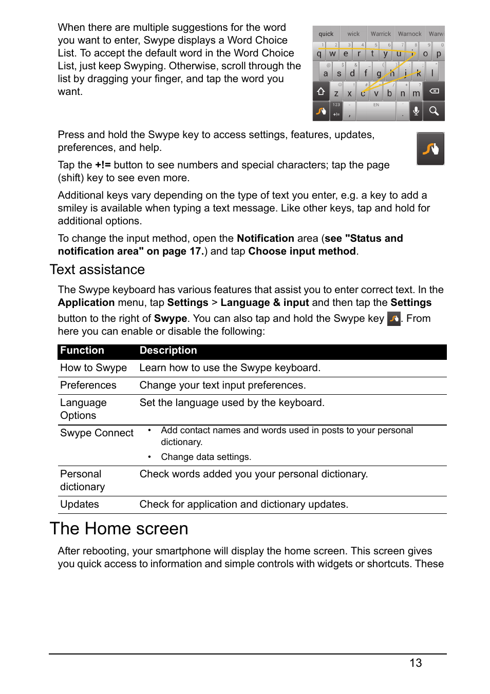 The home screen, Text assistance | Acer V360 User Manual | Page 13 / 71