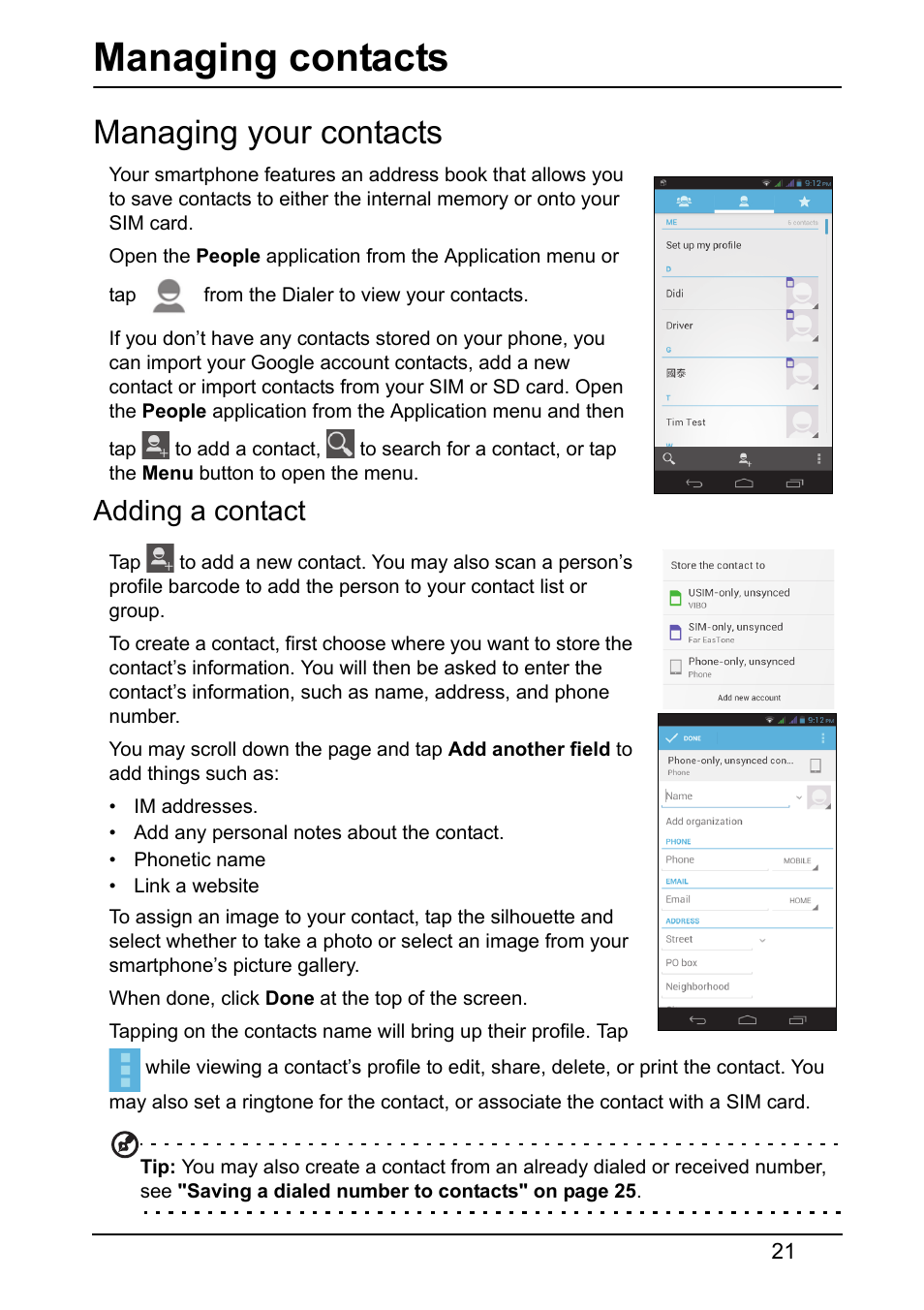 Managing contacts, Managing your contacts, Adding a contact | Acer V360 User Manual | Page 21 / 71