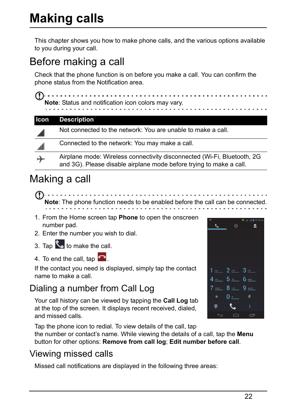 Making calls, Before making a call, Making a call | Dialing a number from call log, Viewing missed calls, Before making a call making a call | Acer V360 User Manual | Page 22 / 71