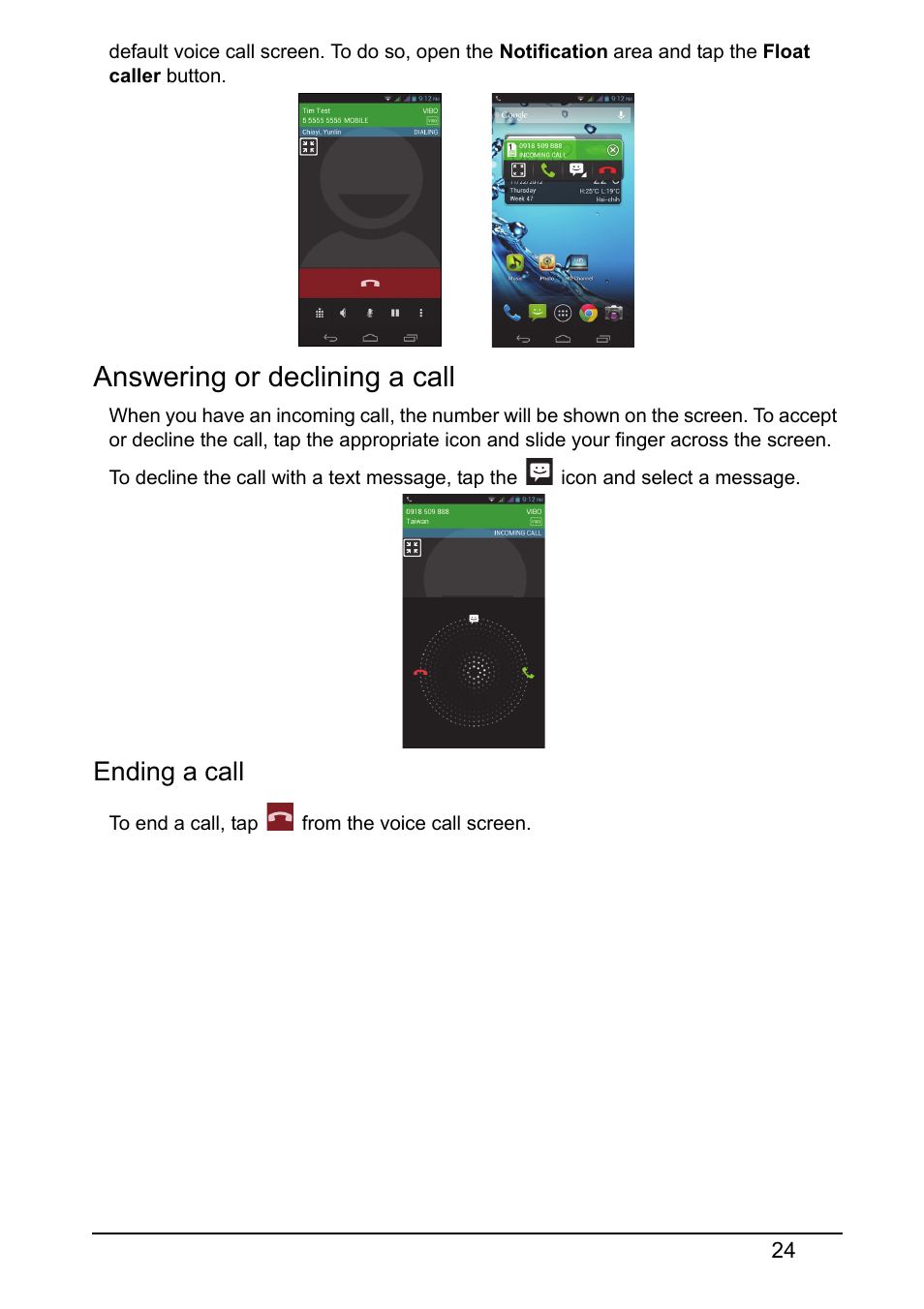 Answering or declining a call, Ending a call | Acer V360 User Manual | Page 24 / 71