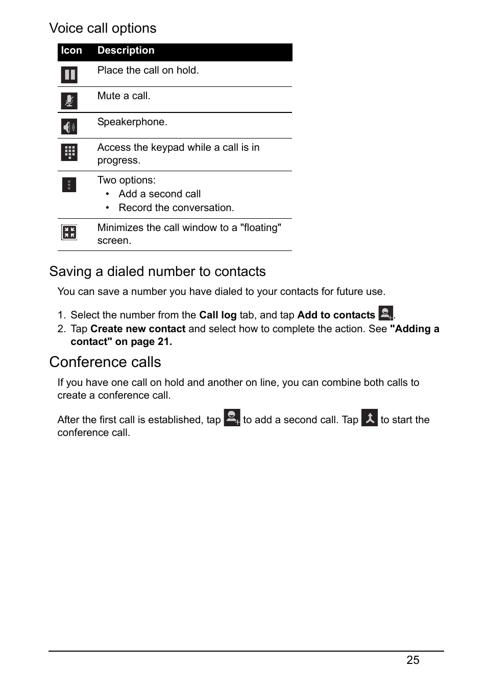 Conference calls, Voice call options, Saving a dialed number to contacts | Acer V360 User Manual | Page 25 / 71