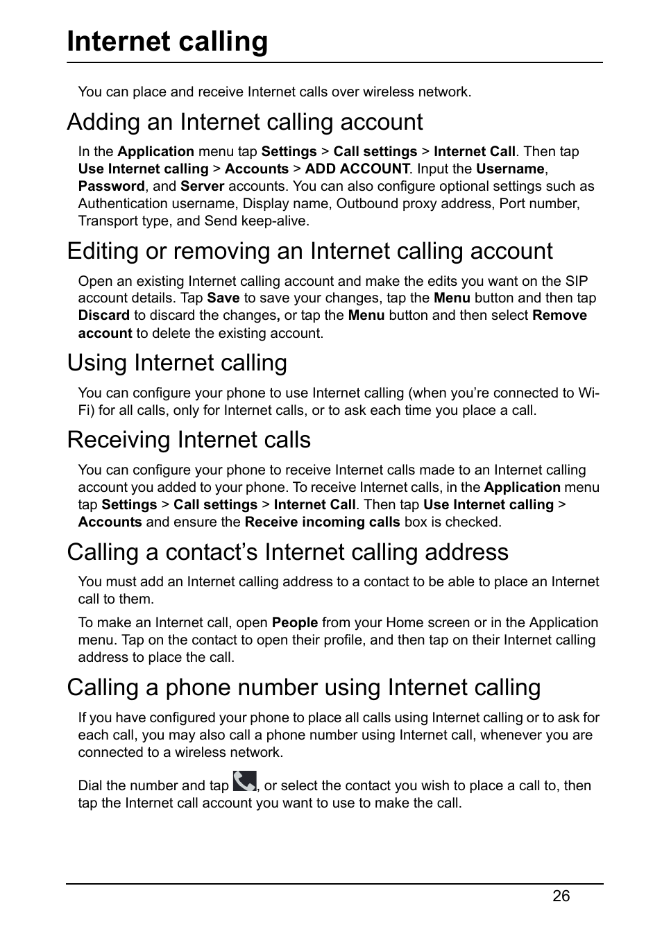 Internet calling, Adding an internet calling account, Editing or removing an internet calling account | Using internet calling, Receiving internet calls, Calling a contact’s internet calling address, Calling a phone number using internet calling | Acer V360 User Manual | Page 26 / 71