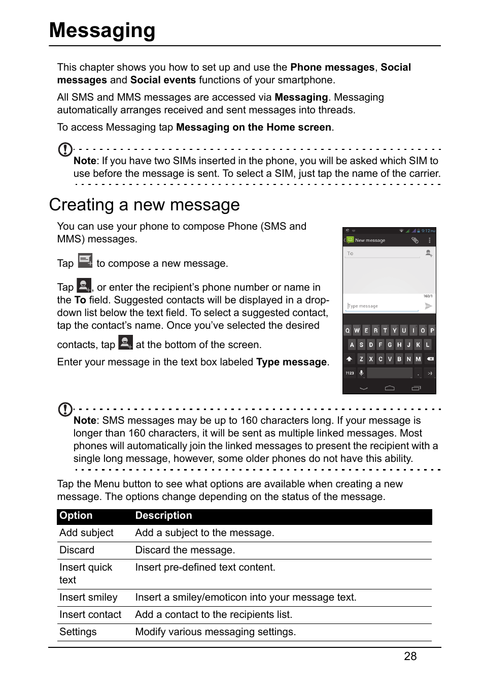 Messaging, Creating a new message | Acer V360 User Manual | Page 28 / 71