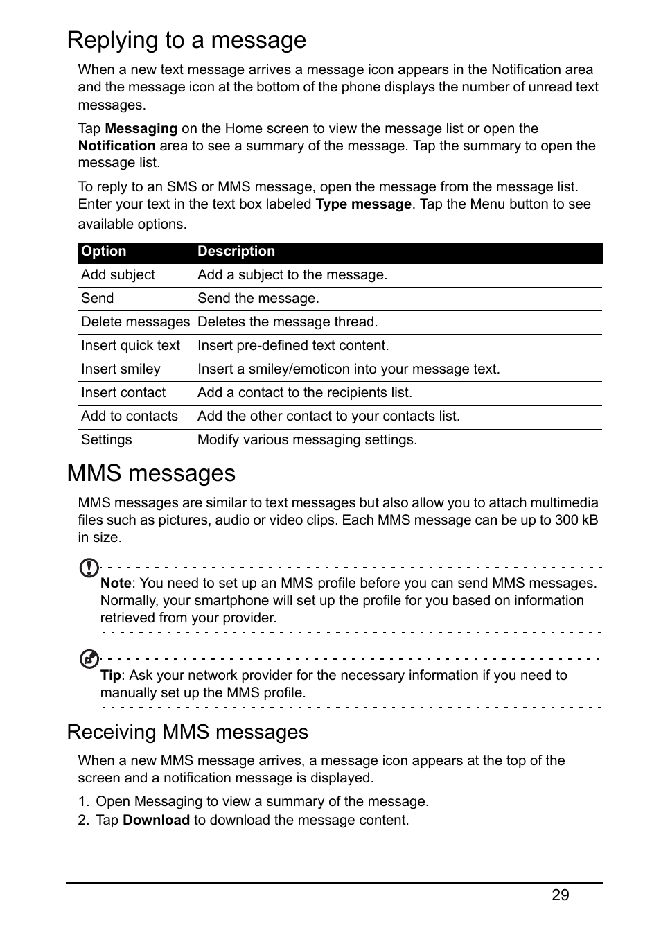 Replying to a message, Mms messages, Receiving mms messages | Replying to a message mms messages | Acer V360 User Manual | Page 29 / 71