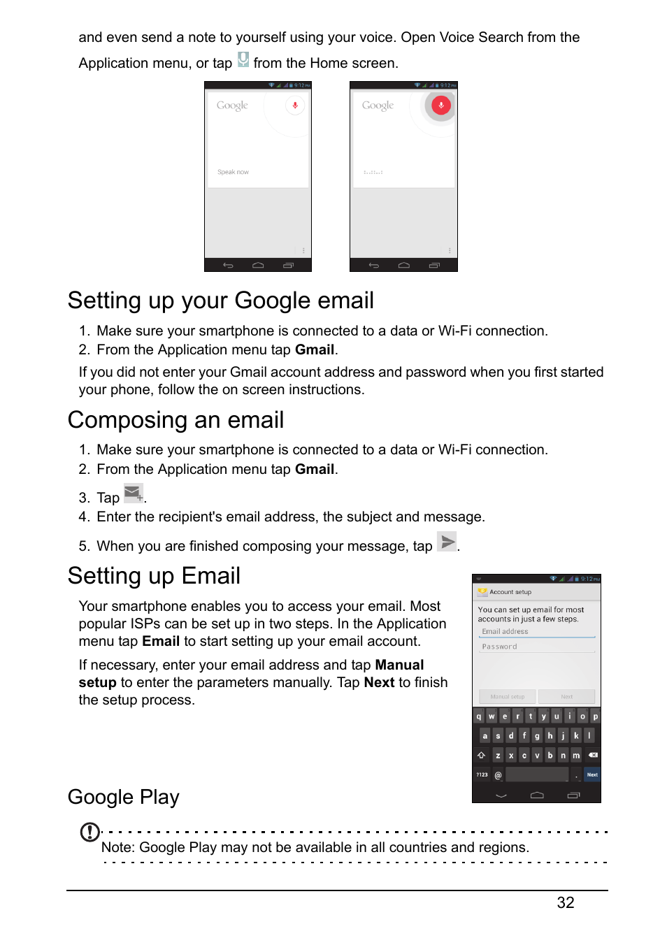 Setting up your google email, Composing an email, Setting up email | Google play | Acer V360 User Manual | Page 32 / 71