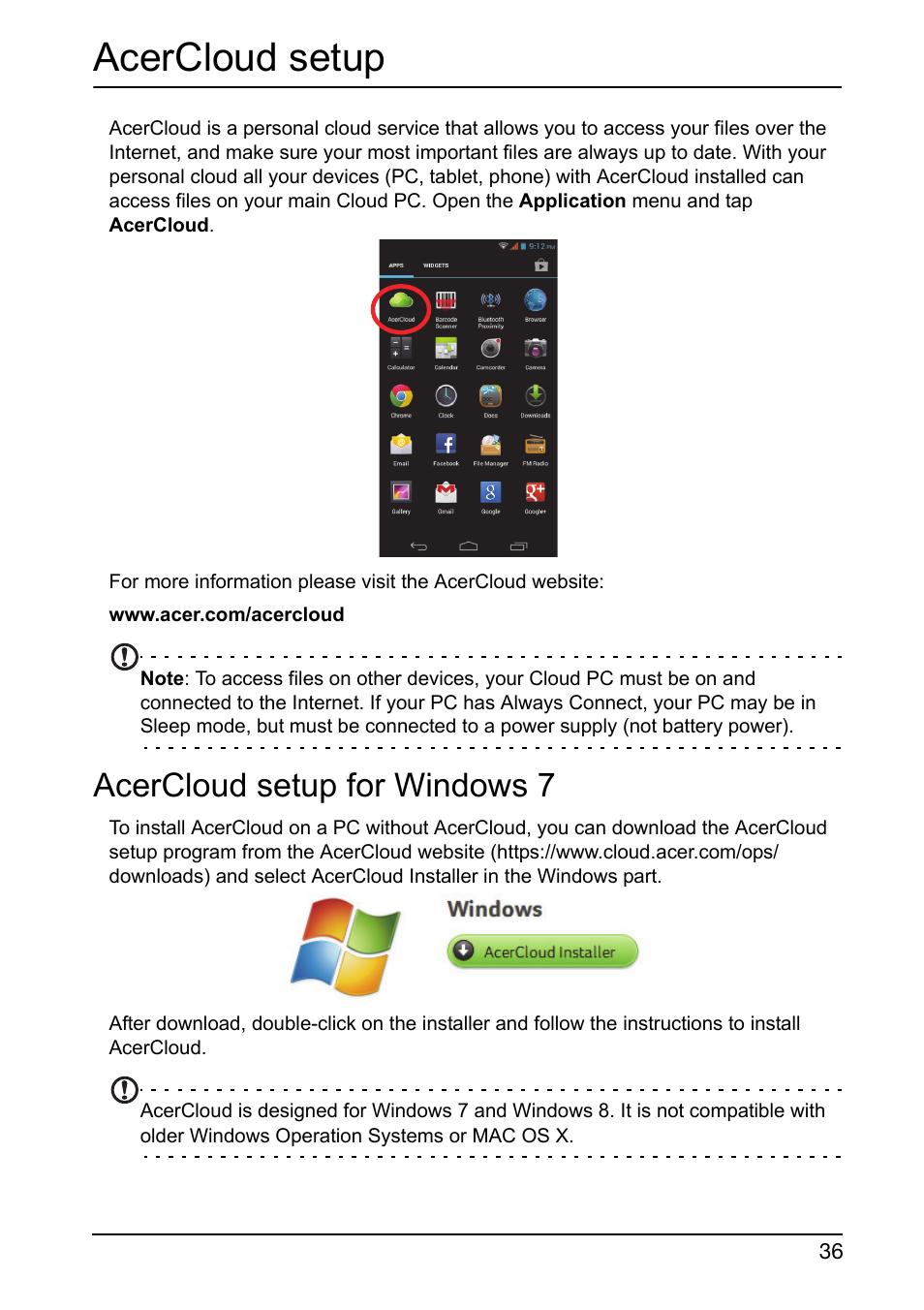 Acercloud setup, Acercloud setup for windows 7 | Acer V360 User Manual | Page 36 / 71