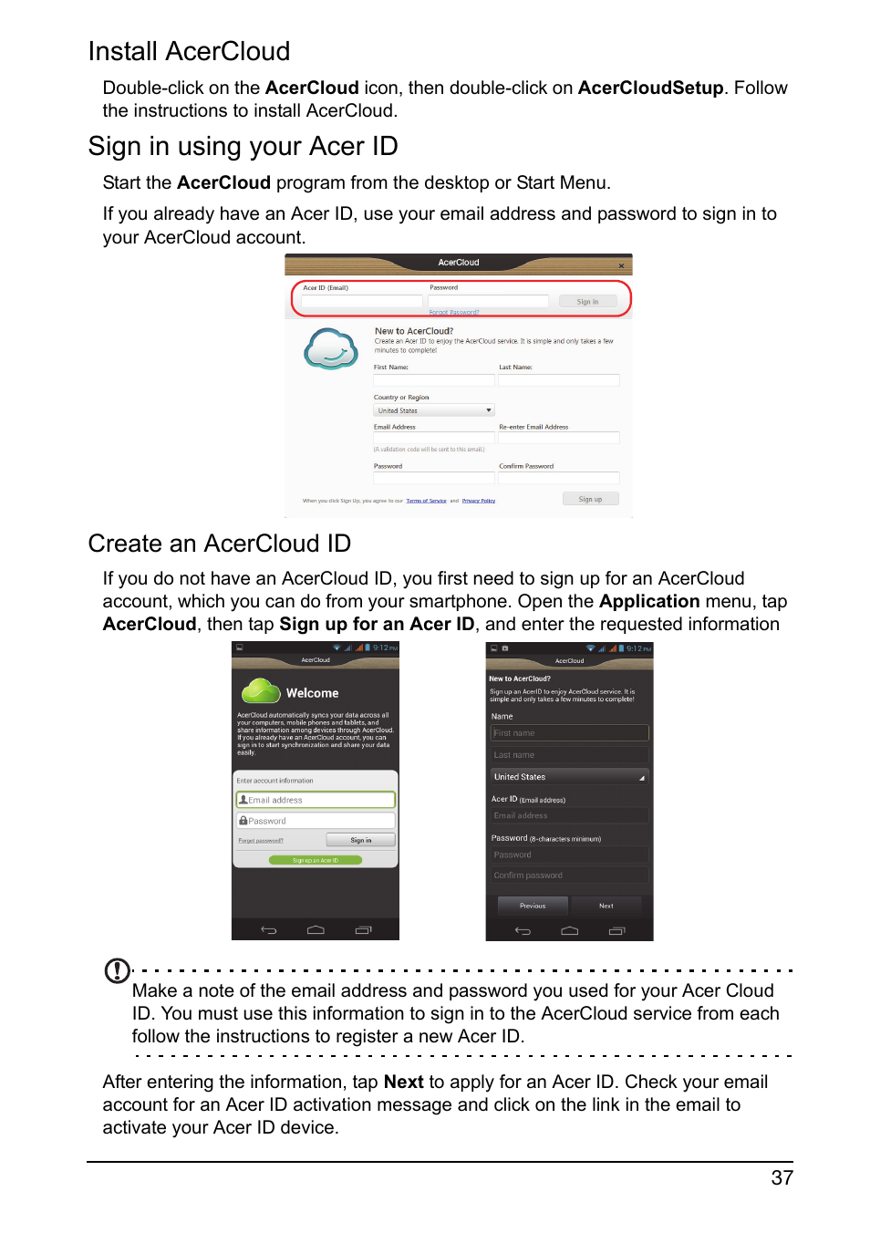 Install acercloud, Sign in using your acer id, Create an acercloud id | Acer V360 User Manual | Page 37 / 71