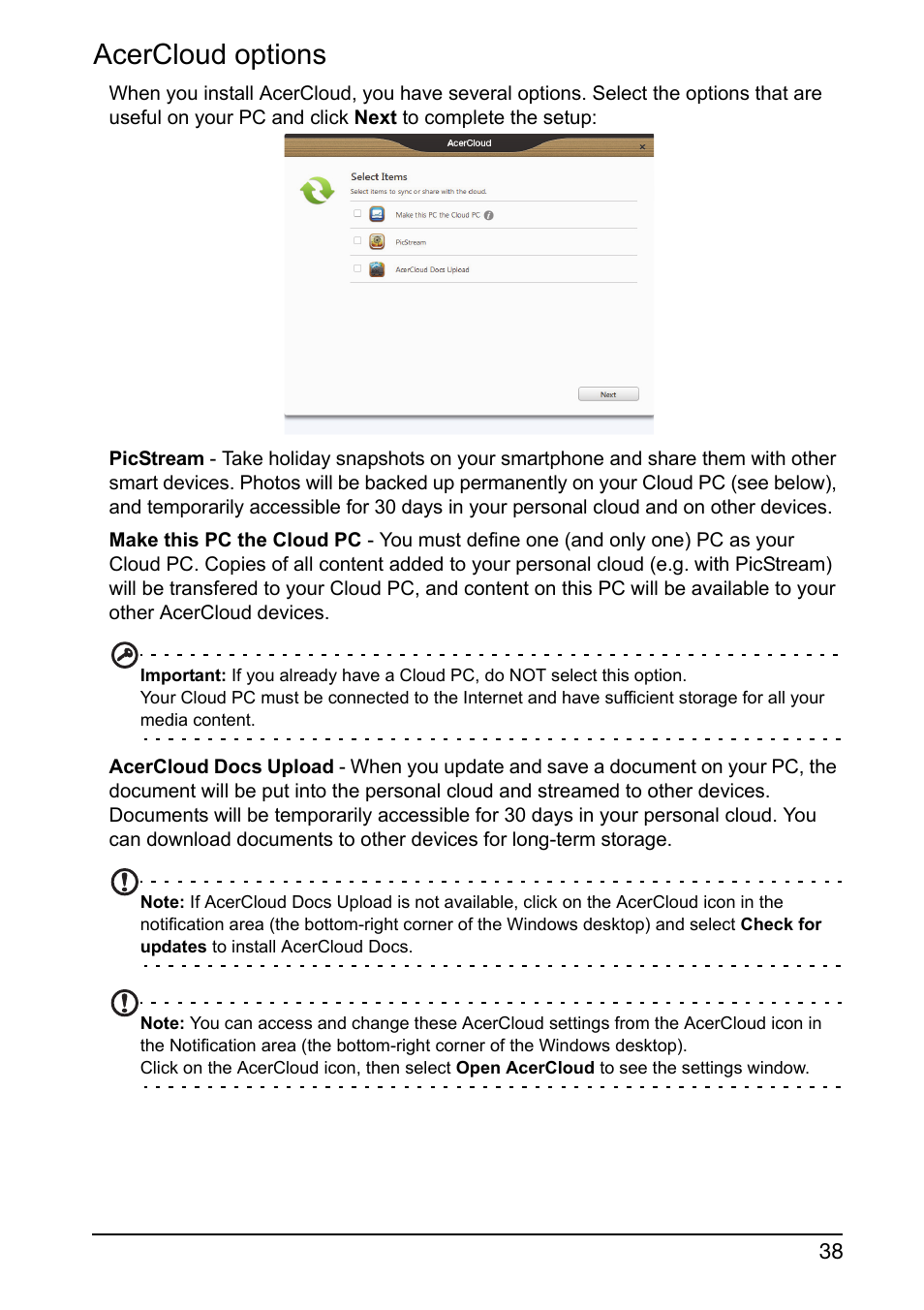 Acercloud options | Acer V360 User Manual | Page 38 / 71