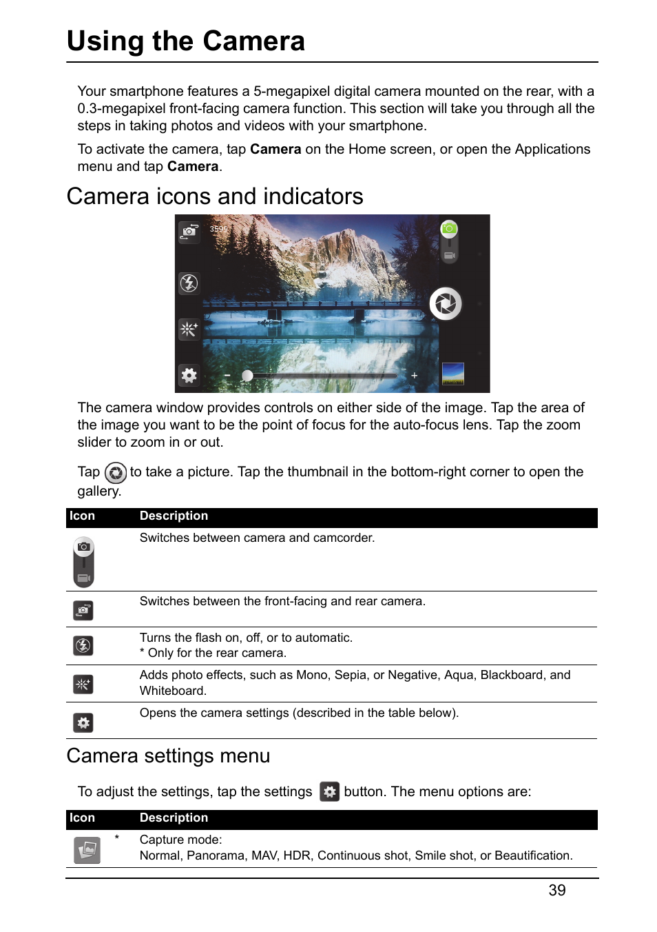 Using the camera, Camera icons and indicators, Camera settings menu | Acer V360 User Manual | Page 39 / 71